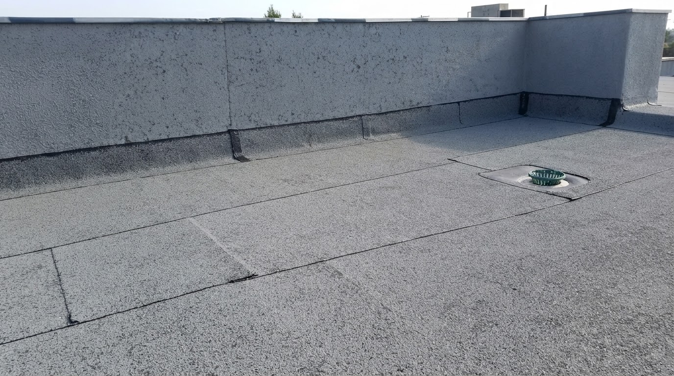 torch-down modified bitumen flat roof with rolled seams, roof drain and coated parapet — Roof Replacement Inc