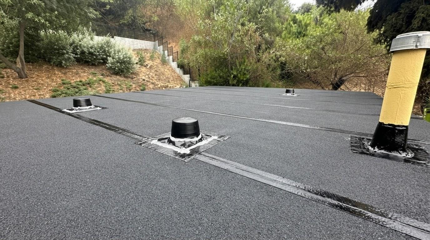Completed torch down flat roof installation work at Roof Replacement Inc